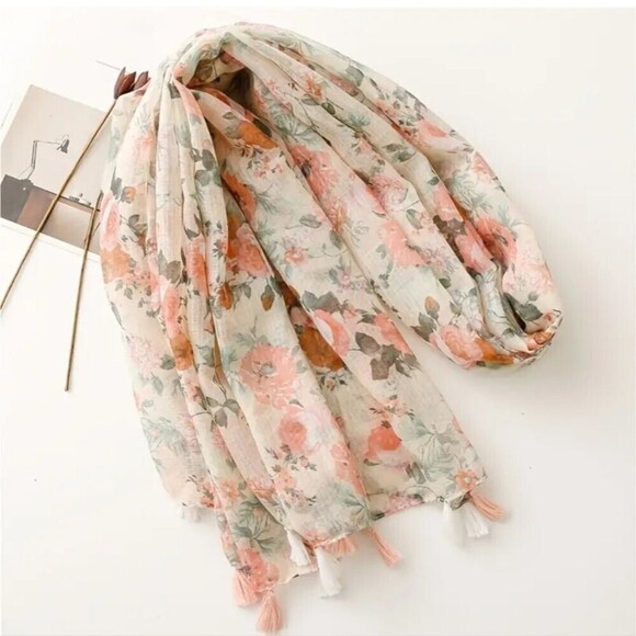 Floral scarf sheer tassel pink ivory wrap cover up Bohemian accessory - Picture 6 of 7